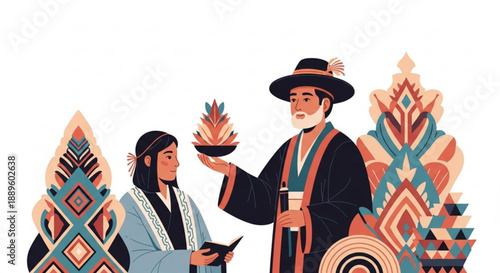 Traditional andean people sharing a plant with colorful geometric patterns