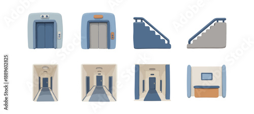 Architectural elements rendered designs elevators stairwells corridors