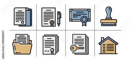 Document icons set of agreements certificates folder house key
