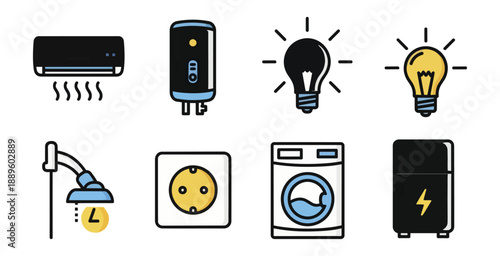 Electrical appliances icons set air conditioner water heater bulbs shower socket washing machine refrigerator