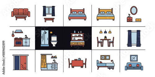 Furniture icons set various home interior items vector illustration