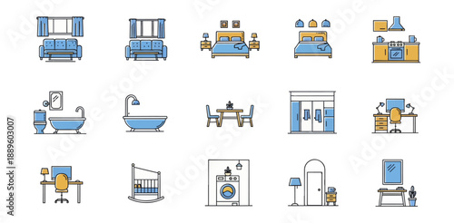 Interior design icons furniture appliances and room elements illustrations