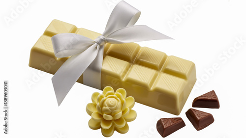 Elegant white chocolate bar with decorative bow and floral piece
