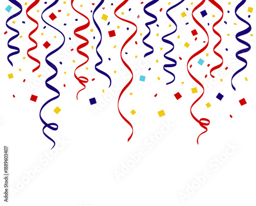 Vector illustration of festive hanging ribbons and multi-colored confetti on white, party background with falling confetti and curly spiral streamers for birthday or anniversary invitation.
