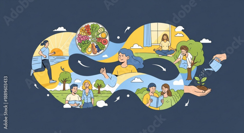 Sustainable living concept with people engaging in eco friendly activities in a stylized heart shaped landscape