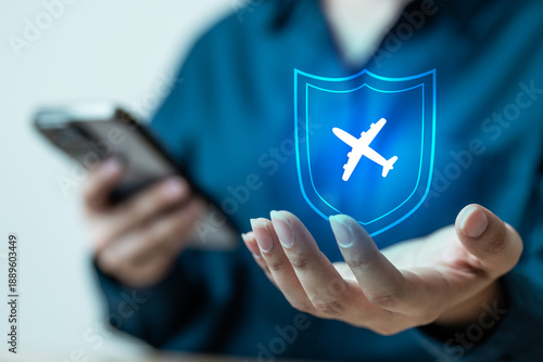 Travel insurance concept with airplane shield icon representing protection, safety, and coverage during trips. Ideal for travel planning, medical insurance, cancellation coverage, and secure journeys.