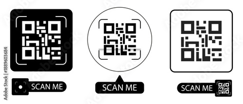 Set of modern QR code templates with "Scan Me" call-to-action buttons. Features black and white designs in square and circular frames. Ideal for mobile apps, business cards, and digital marketing.