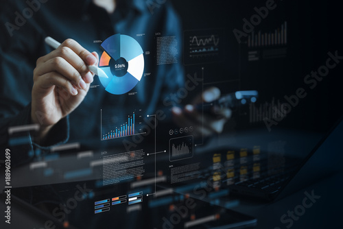 Картината върху платно Business analytics dashboard showing KPI performance, data charts, and metrics analysis