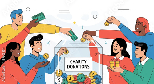 Diverse people donating money and gifts to charity box.