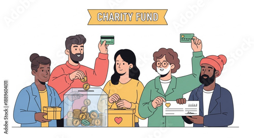 Diverse people donating money to charity with credit cards and donation box.