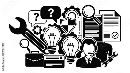 A professional man in a suit with a headset and tools for technical support