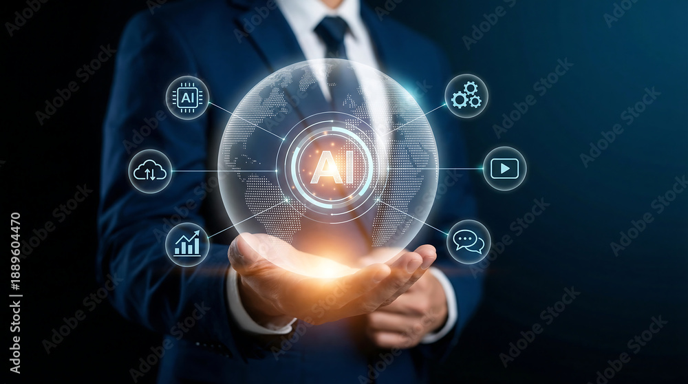 Fototapeta premium Artificial Intelligence AI Ecosystem Concept with Businessman Holding Digital Technology Network