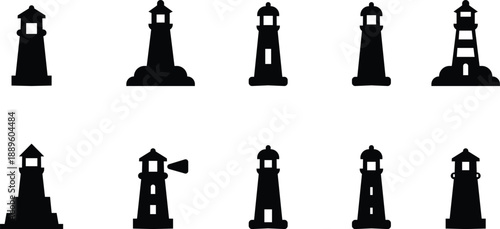 Lighthouse icon set, representing coastal navigation and maritime safety. nautical shore base coastal Ideal for sea travel, coastal design, tourism branding, apps, web interfaces, and infographics.