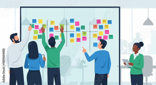 Diverse team collaborates on sticky notes project board.