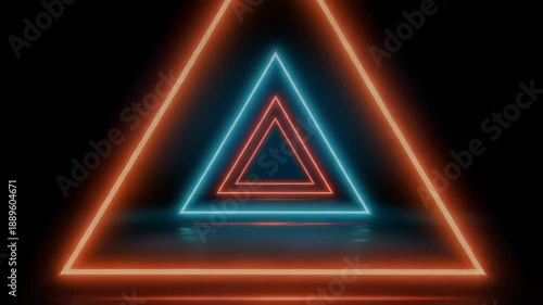 Glowing neon triangles create a tunnel effect against a dark background with reflections