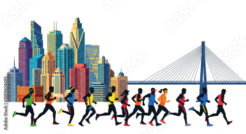 Diverse runners race through vibrant city skyline and bridge illustration.