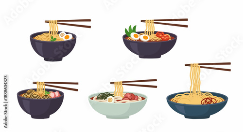 Collection of Japanese ramen noodle soup bowls with chopsticks.