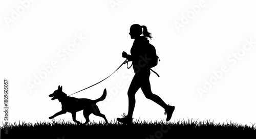 Silhouette of a Woman Jogging with Her Dog in a Field.