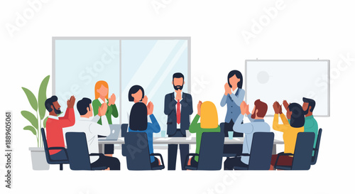 Business Meeting Success - Team Applauding Leader in Conference Room.