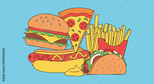 Delicious fast food assortment featuring burger pizza fries hotdog and taco.
