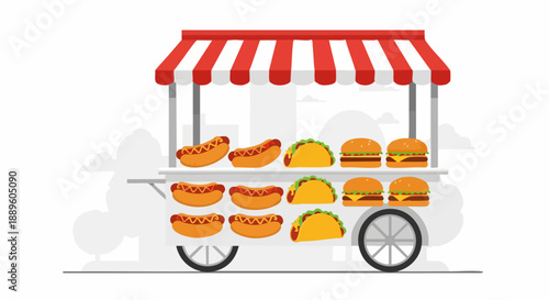 Street food cart with hot dogs hamburgers and tacos.