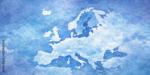 A beautiful abstract blue watercolor background features fluffy white clouds in a bright sunny sky, capturing a clear summer day and the light of nature across a serene landscape atmosphere