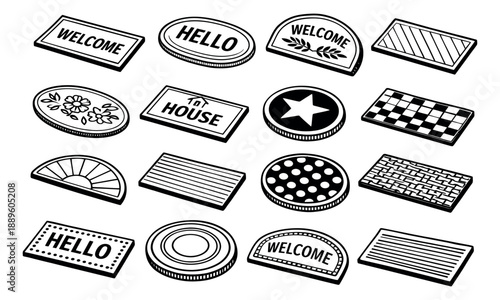 Hand drawn line art isometric doormat icon set featuring various shapes, patterns, and text for home decoration and hospitality concepts