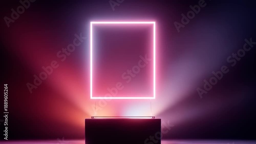 Illuminated neon square sits atop a black pedestal, in a gradient lit space