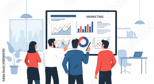 Team of professionals analyzing marketing data and strategies for business growth.