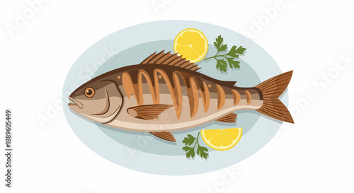 Roasted Fish on a Plate with Lemon and Parsley.