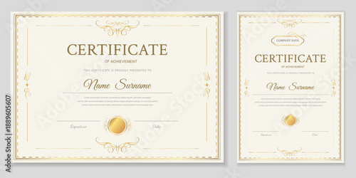 Professional certificate of achievement template set with elegant gold borders and ornaments. Luxury classic design for diplomas, awards, and appreciation documents. High-quality editable vector.