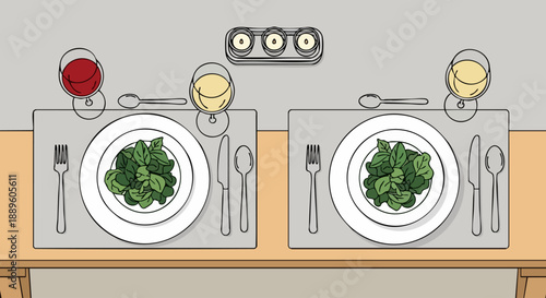 Elegant Table Setting for Two with Gourmet Meal and Wine.