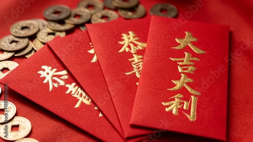 Chinese New Year red envelopes with gold calligraphy and copper coins