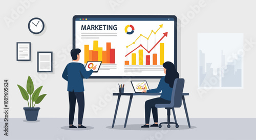 Business Team Collaborating on Marketing Data Analysis Strategy.