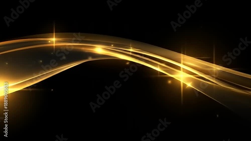 A flowing, golden, glowing light stream curves across a black background, with starburst highlights