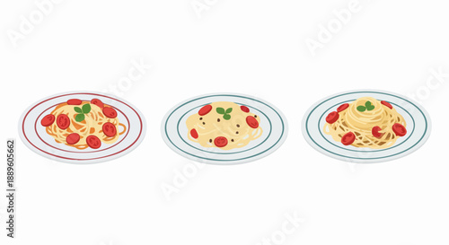 Three plates of spaghetti with meatballs.