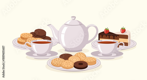 Afternoon tea set with pastries and teacups.