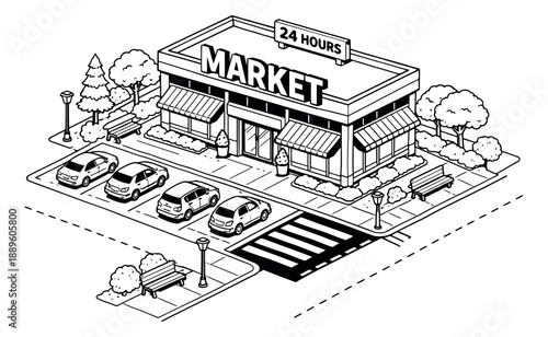 Hand drawn line art illustration of a 24 hour market building depicting an isometric urban shopping scene for convenience and retail