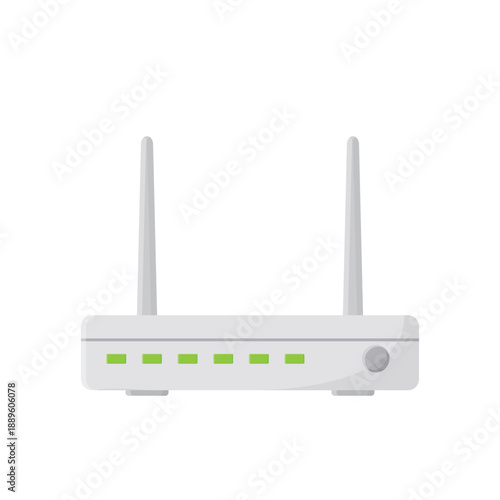 A wireless Wi-Fi router with antennas is isolated on a white background, providing high-speed internet technology and ethernet network connection for computer hardware and data communication