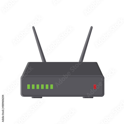A wireless Wi-Fi router with antennas is isolated on a white background, providing high-speed internet technology and ethernet network connection for computer hardware and data communication