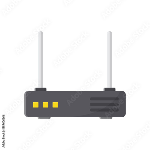 A wireless Wi-Fi router with antennas is isolated on a white background, providing high-speed internet technology and ethernet network connection for computer hardware and data communication