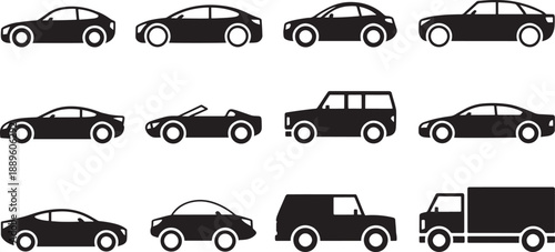 Black car and truck silhouettes on white background cars trucks