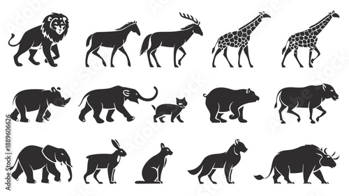 Set of 20 Lion Animal Glyphs and Icons, Minimalist Style, Black and White, Vector Art
