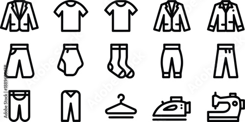 Icon set of clothing and laundry items for fashion and care