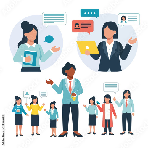 Business professionals engaging in a meeting with speech bubbles and digital communication icons surrounding them in a collaborative environment from a front viewpoint