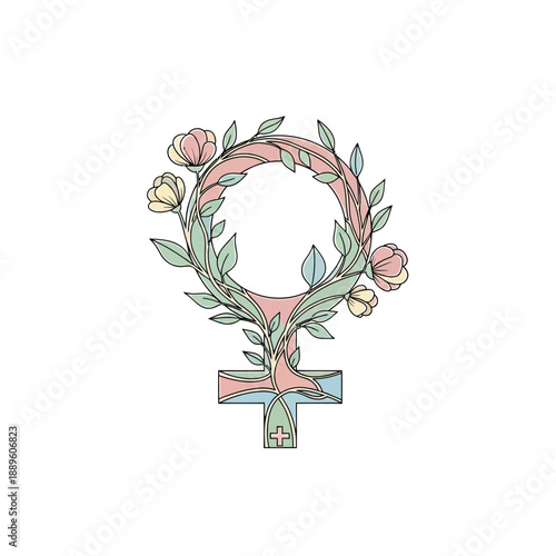 Feminine symbol adorned with flowers and leaves in a circular wreath, representing women's rights and empowerment, digital illustration, symbolic artwork