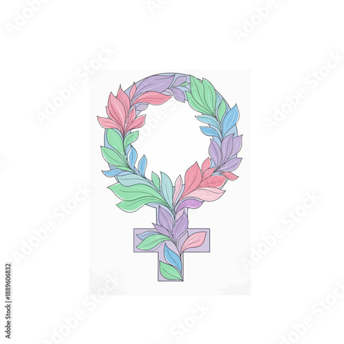 Multicolored female symbol surrounded by leaves in a circular pattern, symbolizing femininity and nature.