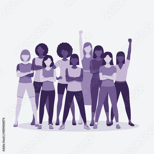 Diverse group of women standing together in solidarity, protesting and celebrating, vector illustration