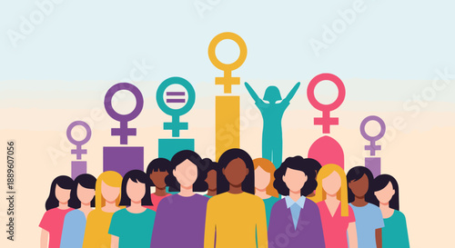 Diverse group of women standing together with female symbols representing strength and equality in striking colors promoting unity and empowerment