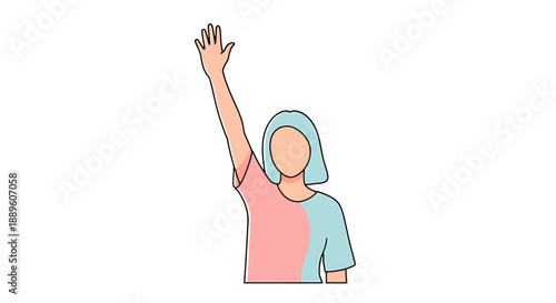 Young Person Raising Arm to Volunteer or Greet Someone Indicating Participation and Inclusion Standing Against White Background